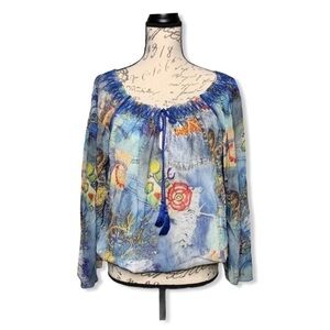 V Christina Sheer Denim Pattern Boho Blouse